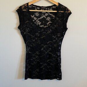 Vintage Guess Y2K Black Lace Cap Sleeve Fitted Top